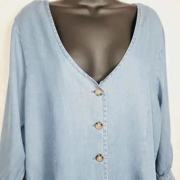 1511 Inc Top Woman XLarge Blue Chambray Fitted Tie Sleeve V-Neck Casual Boho Y2K - Picture 2 of 14